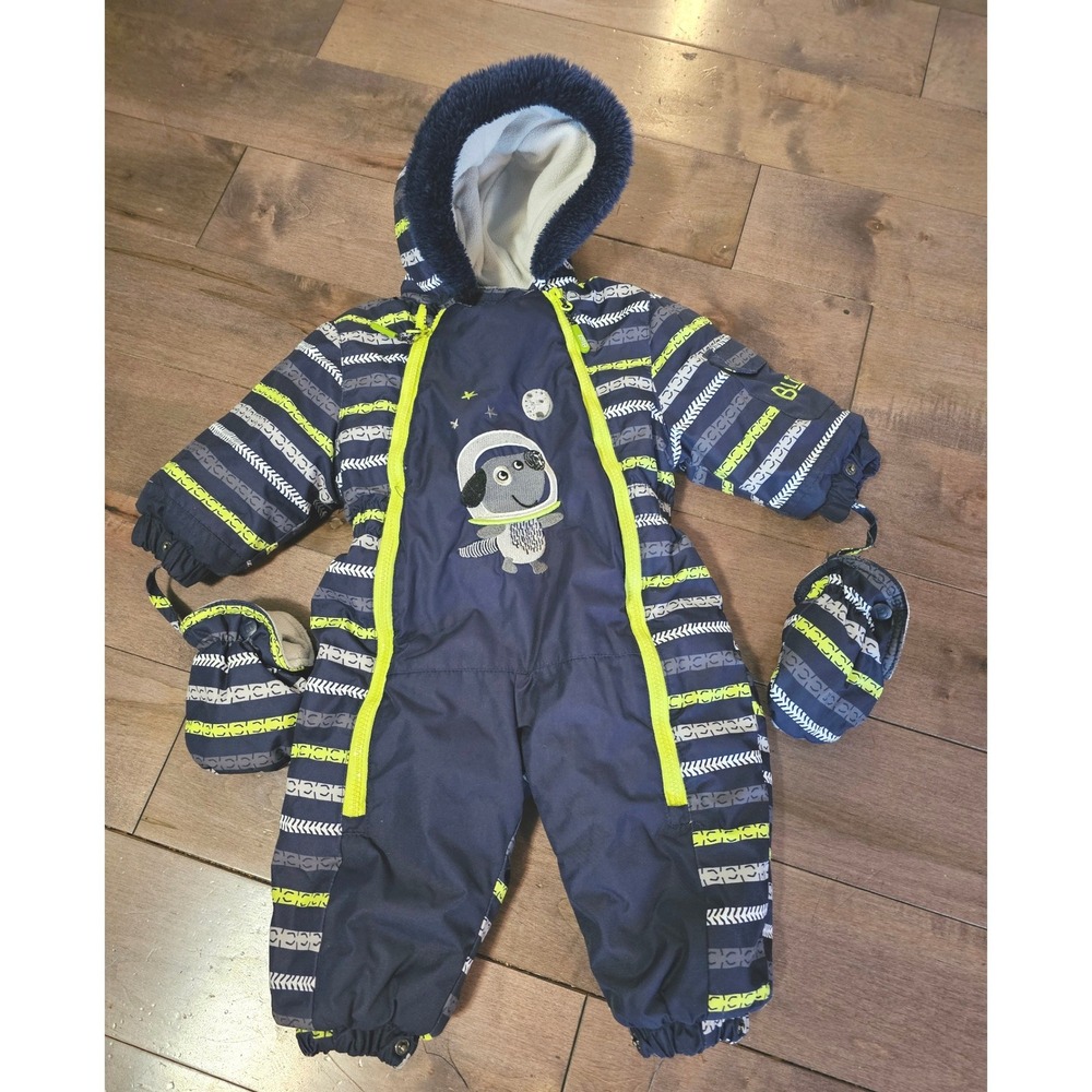 Blizz Baby Snowsuit Astronaut Dog‎ Rocket Print Blue Winter Ski Suit Mittens 18M